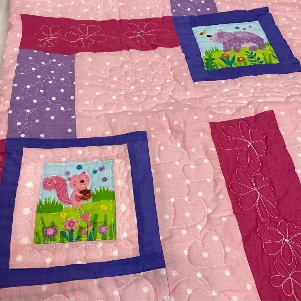 Handmade NWT pink, purple Forrest animal baby or lap quilt size 49” X 40”